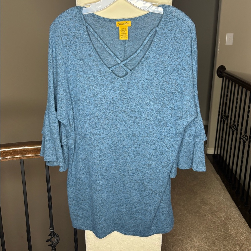Wrangler Blue Ruffle Sleeve with Cross Front Blouse Size XL Date Night Western